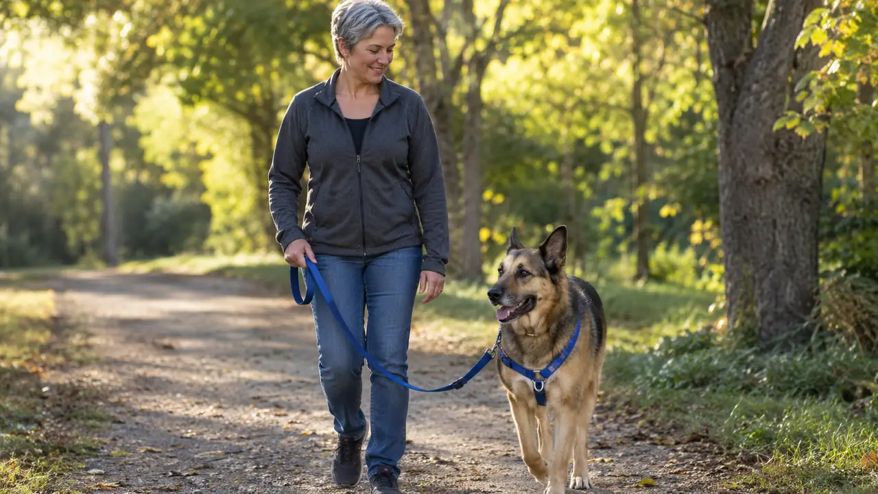 A large dog walking calmly beside a person on a tree-lined path, leash loose, front-clip harness visible