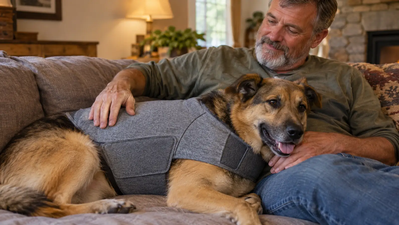 A dog wearing a gray calming vest lying next to a person on a couch