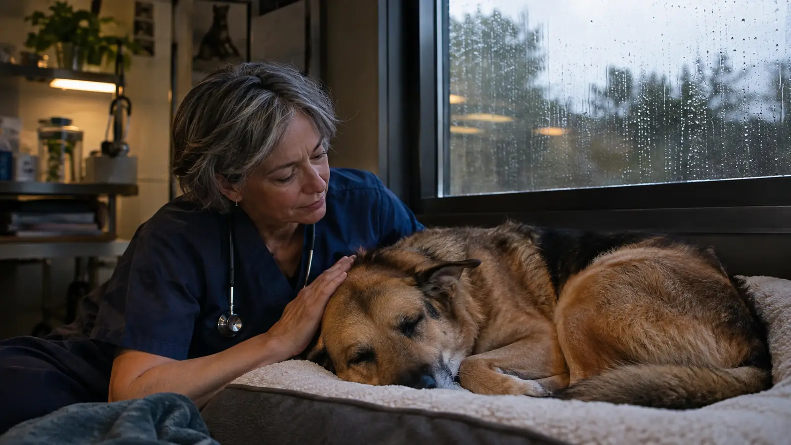 A dog sleeping through a storm on a dog bed while rain falls outside a window