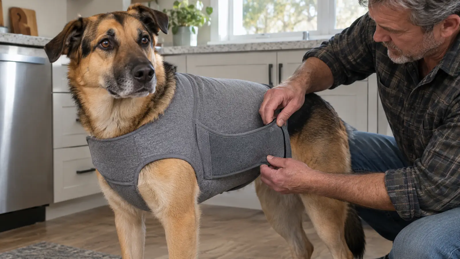 A hand fastens the side panel of a gray anxiety vest on a large dog standing in a kitchen