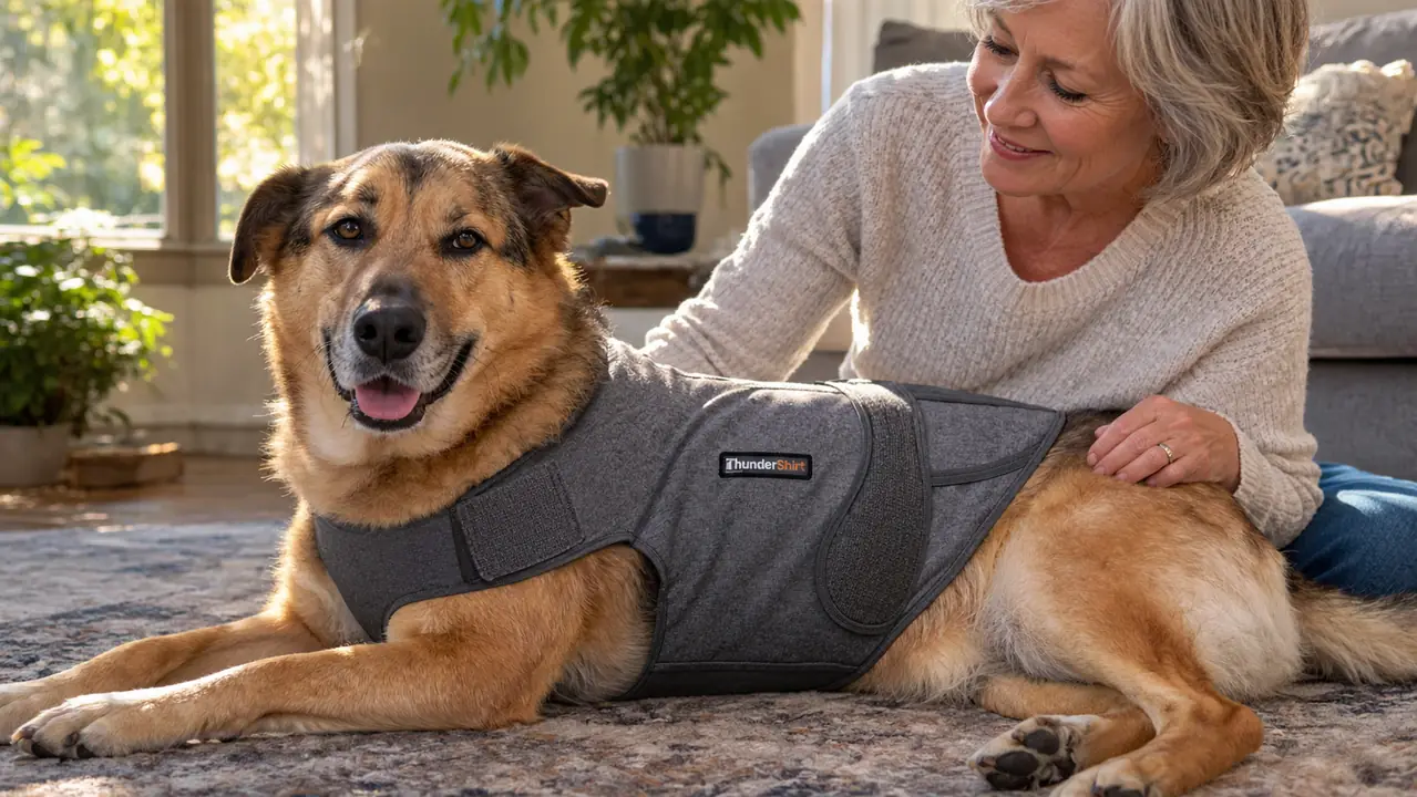 A large dog wearing a gray anxiety vest lies on a rug beside a couch, relaxed