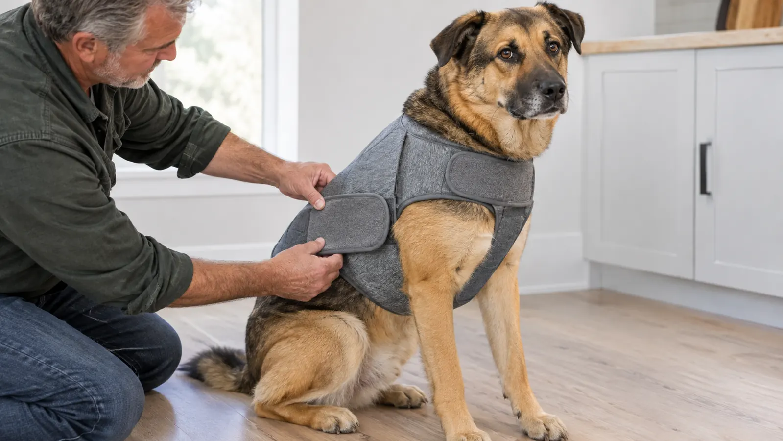 A dog wearing a gray calming vest sitting calmly while an owner adjusts the side strap