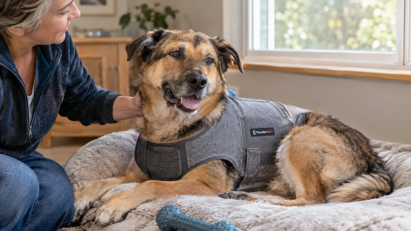 A dog wearing a gray calming vest resting on a dog bed with a chew toy nearby