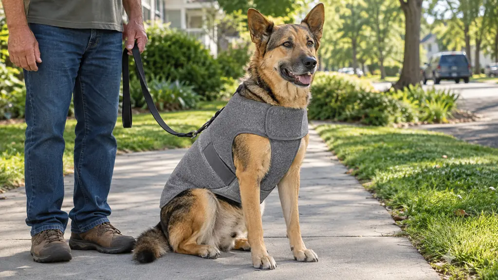 A dog wearing a pressure wrap vest sitting calmly next to its owner on a neighborhood sidewalk