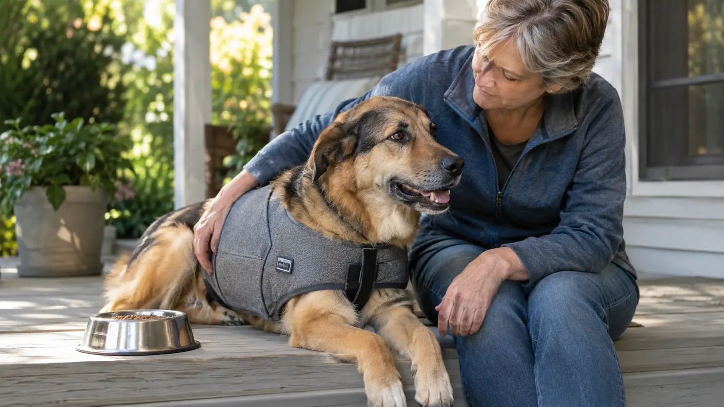A dog wearing a pressure wrap vest resting on a porch while a bowl of food sits nearby